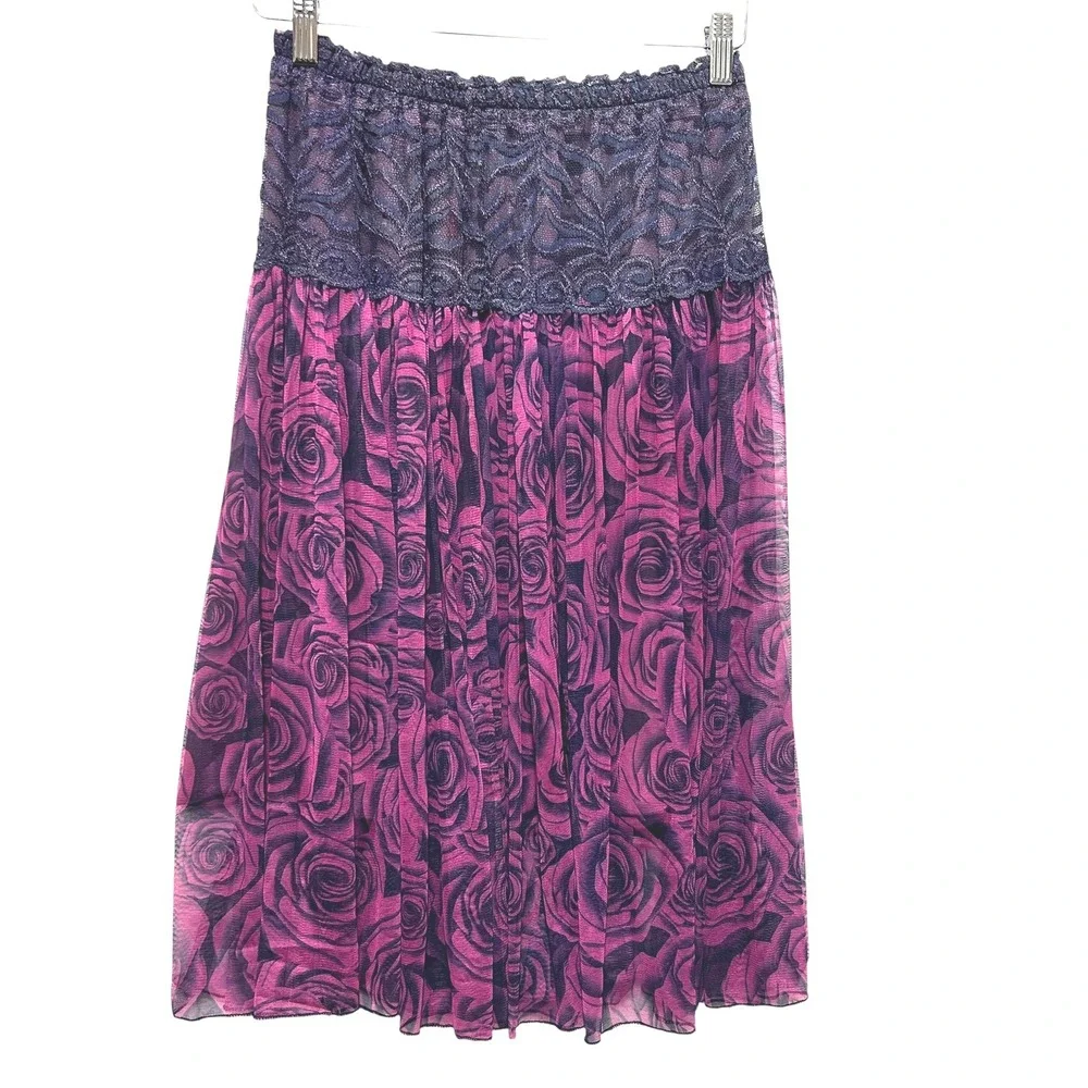 Y2K Womens Whimsygoth Skirt‎ Purple Black Floral Lace Waist Midi Fairygrunge